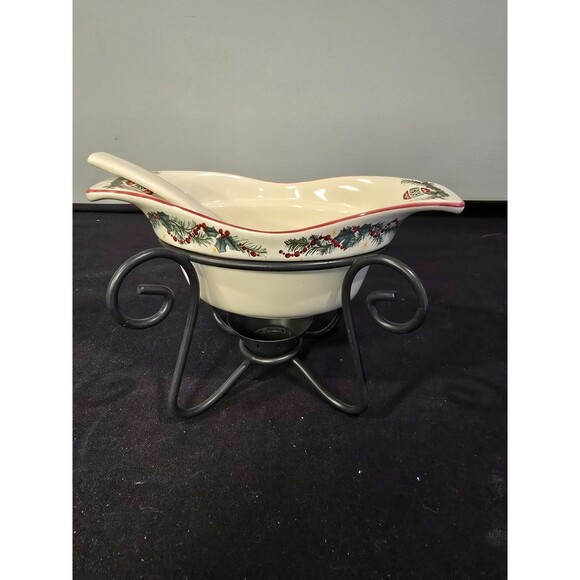 Pfaltzgraff Holiday Garland Divided Serving Bowl with Metal Stand & Ladle - Picture 1 of 11